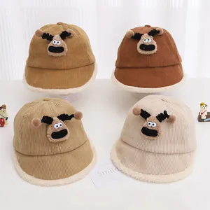 Detailed view of four corduroy baby bucket hats with cartoon deer design and faux fur trim