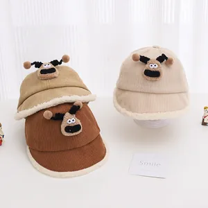 Winter corduroy baby baseball hat with cute deer antlers and plush cartoon patch