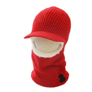 Red winter knit balaclava with brim and soft fleece lining for kids outdoor warmth