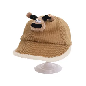 Kids corduroy bucket hat with cartoon plush character and fleece trim for autumn and winter