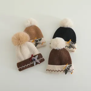 Kinderen Winter Gebreide Beanie Muts Met Kunstbont Pompon Cartoon Vliegtuig Decor Warme Dikke Ribgebreide Muts Voor Jongens Meisjes
