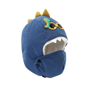 Kids blue dinosaur winter hat with warm fleece lining and detachable windproof mask