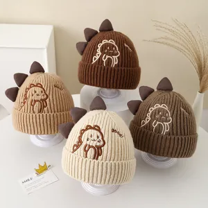 Kids Winter Knit Beanie Hat With 3D Dinosaur Fins Cartoon Embroidery Warm Soft Thermal Cap For Boys Girls Autumn Outdoor