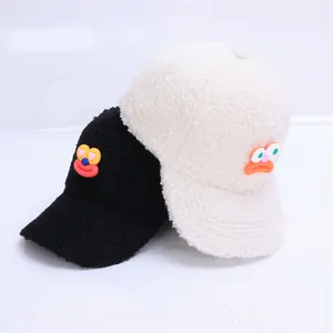 Winter Kinder Baseballmützen aus Lammwolle mit lustigem Smiley in Schwarz und Beige