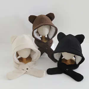 Detail of toddler corduroy earflap hat with thick plush lining and cute bear ears