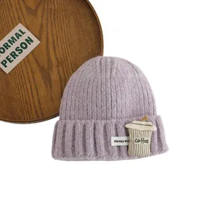 Purple knitted beanie for kids with coffee cup patch and honey bear embroidery decor