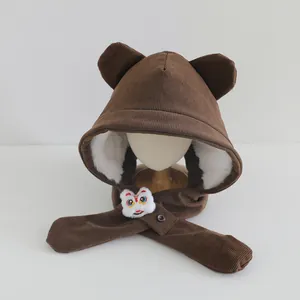 Brown corduroy hooded scarf for children with warm plush lining and cute bear ears