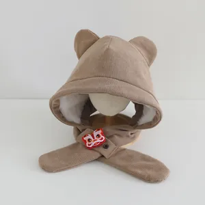 Winter kids bear ear earflap hat with brown corduroy and lion dance embroidery