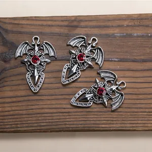 Gothic Bat Wing Sword Pendant Antique Silver Alloy Red Rhinestone Cross Charms For Necklace DIY Jewelry Making Men Women Pendant Only