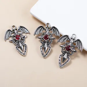 Gothic hip-hop alloy cross pendants with red gemstones and bat wings in silver finish