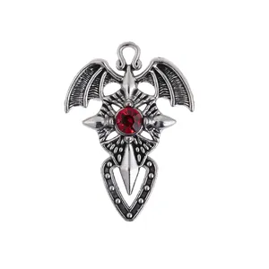 Gothic alloy cross pendant with bat wings and red rhinestone inlay for necklaces