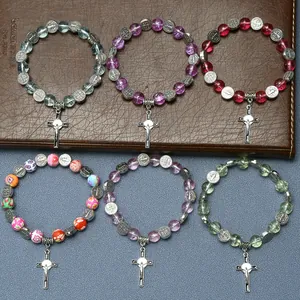 Saint Benedict Medal Cross Beaded Bracelet For Women Religious Prayer Jewelry Colorful Glass Flower Beads Elastic Bracelet