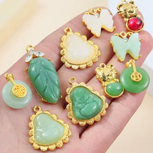 Jade-like Buddha and lucky charms pendants with gold-plated accents for women