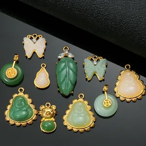 Chinese Style Resin Jade Look Pendant Gold Plated Alloy Buddha Peace Buckle Butterfly Tiger Leaf Gourd Necklace Charms Rhinestone Jewelry Accessory