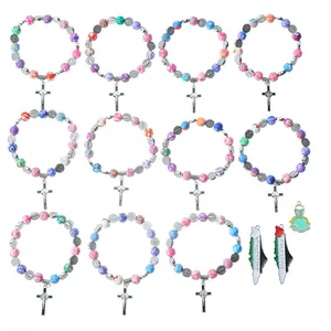 Colorful beaded bracelet set with Palestine map charms and religious pendants