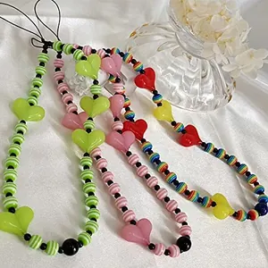 Colorful Beaded Phone Lanyard Resin Heart Shaped Beads Anti-Lost Wrist Strap Phone Chain Keychain Decoration For Women Girls