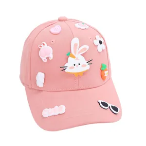 Pink cartoon rabbit baseball cap for kids with cute carrot and flower 3D accessories