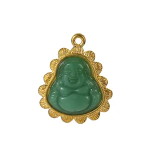 Detailed close-up of green jade Maitreya Buddha pendant with gold plated textured frame
