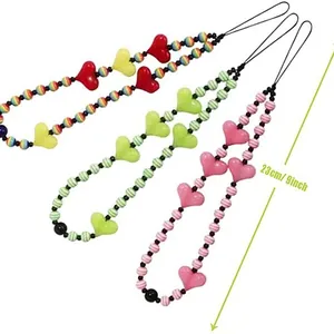 Colorful beaded phone wrist strap set with heart charms and 9-inch length design