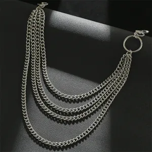 Detail of silver multilayered metal pants chain with O-ring and lobster clasps