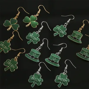 St. Patrick's Day Green Enamel Shamrock Leprechaun Hat Alloy Hook Earrings For Women Irish Festival Party Jewelry Gift