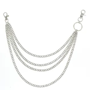 Multilayer punk hip hop silver metal waist chain with carabiner clips for jeans