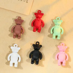 Set of six colorful matte resin bear charms with bowknots for DIY jewelry making