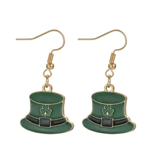 Close-up of St. Patrick's Day green hat earrings with gold shamrock and oil drip finish