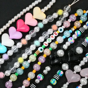 Bohemian colorful heart beads and pearl phone charms with LOVE letters and evil eye
