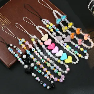 Bohemian Beaded Phone Lanyard Resin Heart Love Letter Evil Eye Phone Charm Chain Strap For Women Mobile Accessories