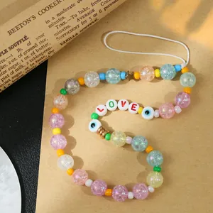 Bohemian Y2K beaded phone strap with colorful pearls, LOVE letters and evil eye beads