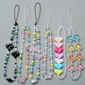 Set of six Bohemian style colorful beaded phone lanyards with heart and pearl charms