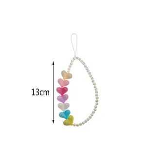 Bohemian phone strap with white pearls and colorful heart beads, 13cm length