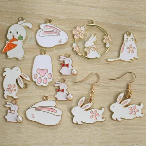 Japanese style bunny and cat enamel charms set with cherry blossoms and pearls