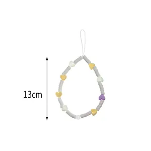 Regenbogen-Handykette mit bunten Herzen und weißen Scheiben, 13 cm Länge