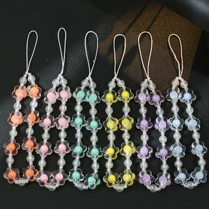 Handgefertigt Irisierend Transparent Blume Harz Perlen Handykette Anti-Verlust Lanyard Für Damen Mode Accessoires Herz Dekor