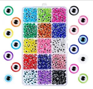 Detail view of 15-compartment storage box filled with colorful resin evil eye beads