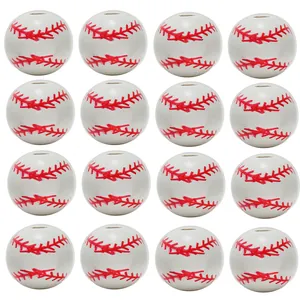 Detailed view of 16 white wooden baseball beads with red stitching for DIY jewelry making