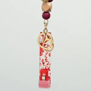 Bracelet porte-clés en perles de silicone avec perle en bois et étiquette acrylique