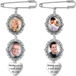 Vintage silver wedding bouquet photo frame charm with angel wing and heart pendant