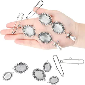 DIY silver memorial brooch pin with angel wing charm and oval photo pendant frame