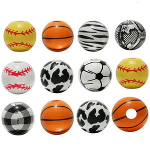 Detailed grid of DIY wooden beads with sports patterns and trendy animal prints