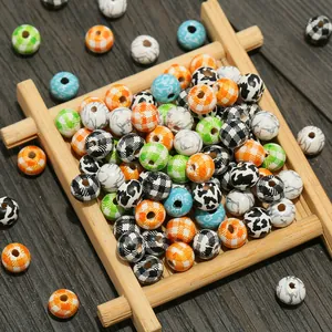 Assorted 8mm printed wooden beads with plaid and floral patterns for DIY jewelry making