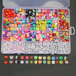 24-grid DIY jewelry kit with colorful clay smiley beads, letter beads and fruit charms