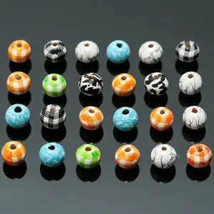 8mm colorful mixed pattern wooden beads set with plaid and animal prints for DIY jewelry