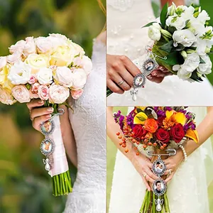 Wedding bouquet photo charm with silver vintage oval frames and angel wing pearl pendant