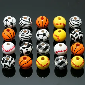 Assorted sports and patterned wooden beads for DIY jewelry with soccer and basketball motifs