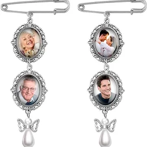 Vintage Alloy Wedding Bridal Bouquet Charm Memorial Photo Frame Pin With Angel Wings Artificial Pearl Pendant Heart Tag Jewelry