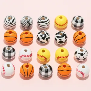 Macro detail of assorted sports and animal print wooden beads for DIY jewelry making