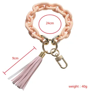 Apricot acrylic chain bracelet keychain with faux leather tassel and gold metal ring